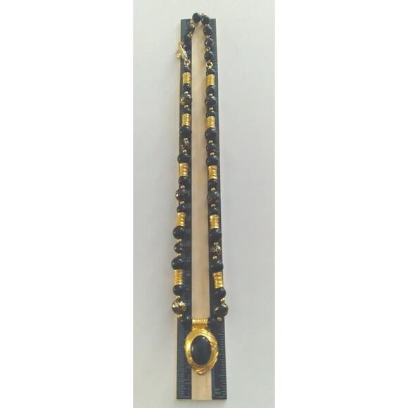 VTG Liz Claiborne Necklace 1990s Acrylic Amulet Beads Black And Gold Tone 11.5" - Picture 6 of 8